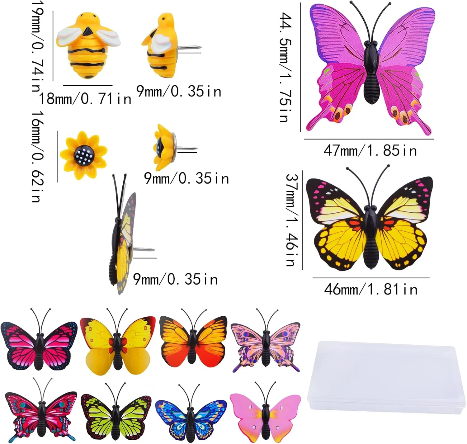 30pcs Mixed Styles Creative Decorative Push Pins Cute Sunflower Bee Butterfly Pushpins Thumb Tacks with a Box for Photos Wall Office Cork/Bulletin Boards Decoration