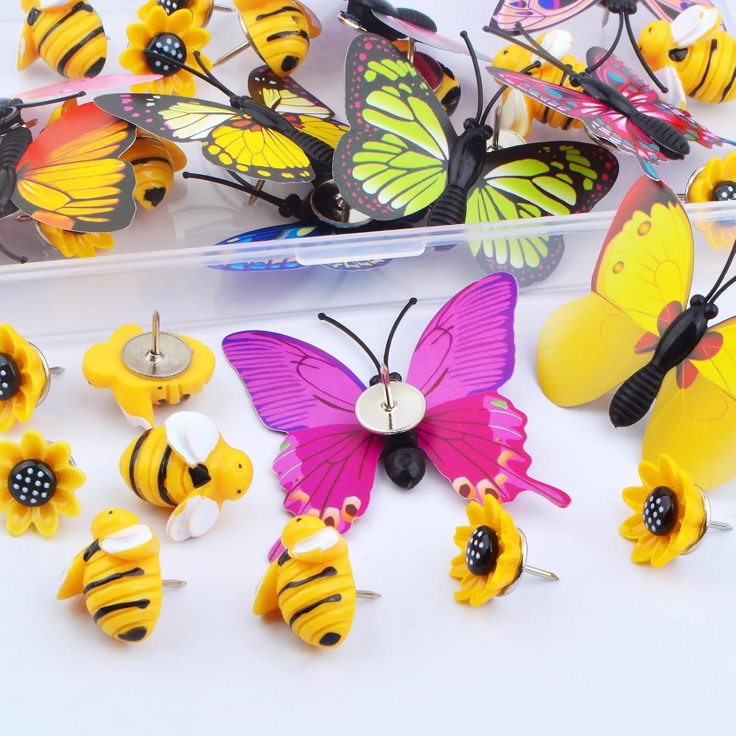 30pcs Mixed Styles Creative Decorative Push Pins Cute Sunflower Bee Butterfly Pushpins Thumb Tacks with a Box for Photos Wall Office Cork/Bulletin Boards Decoration