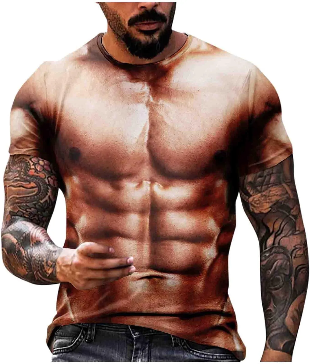 3D Fake Abs Printed T Shirts for Men Funny Graphic Tees Casual Short Sleeve Crewneck Summer Tops Slim Muscle Tees