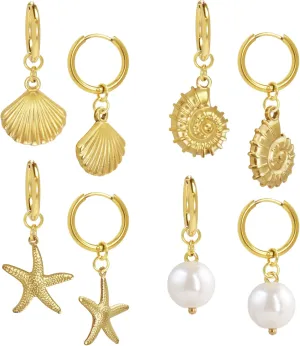 4 Pairs Beach Gold Earrings for Women, Trendy Shell/Starfish/Pearl/Conch Beachy Jewelry Huggie Hoop Earrings