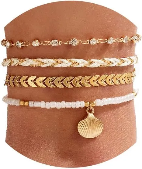4Pcs Bohemian Puka Shell Anklets Beaded Bracelets for Woman,Gold Anklets Beach Foot Chain Charm Adjustable Bead Bracelets for Women Foot Jewelry