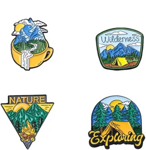 4Pcs Outdoors Enamel Pins Set Funny Camping Pins Nature Button Pins Mountain River Brooch Vintage Lapel Pins Cute Mini Enamel Pins Gift for Women Men Backpack Coat Jacket Decor Accessory