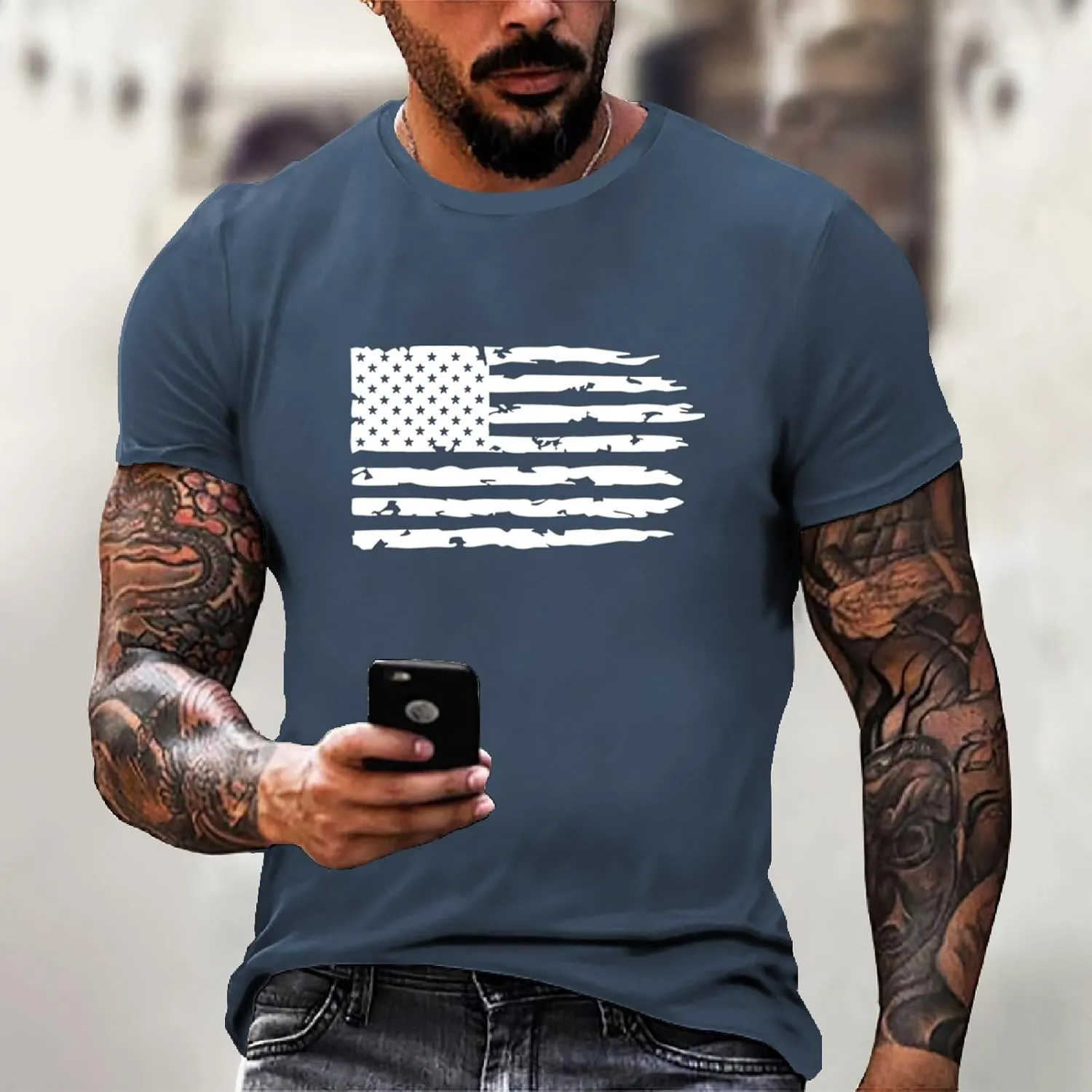 4th of July Shirt for Men Summer American Flag Graphic Printed Crew Neck Short Sleeve Tee Fitted Workout Going Out Top