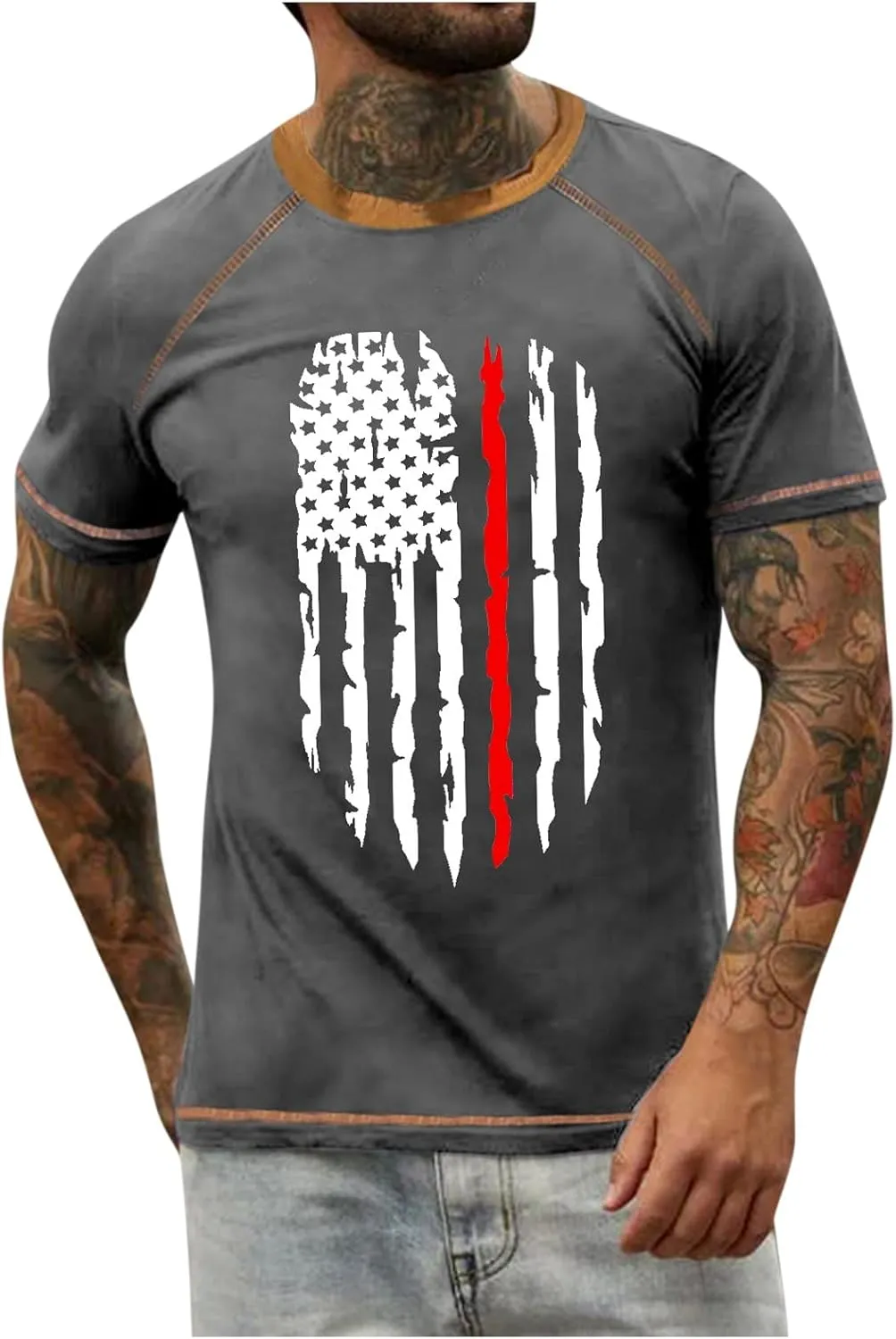 4Th of July Shirts, Men's Raglan T-Shirt Vintage Short Sleeve Round Neck Independence Day Printed Top