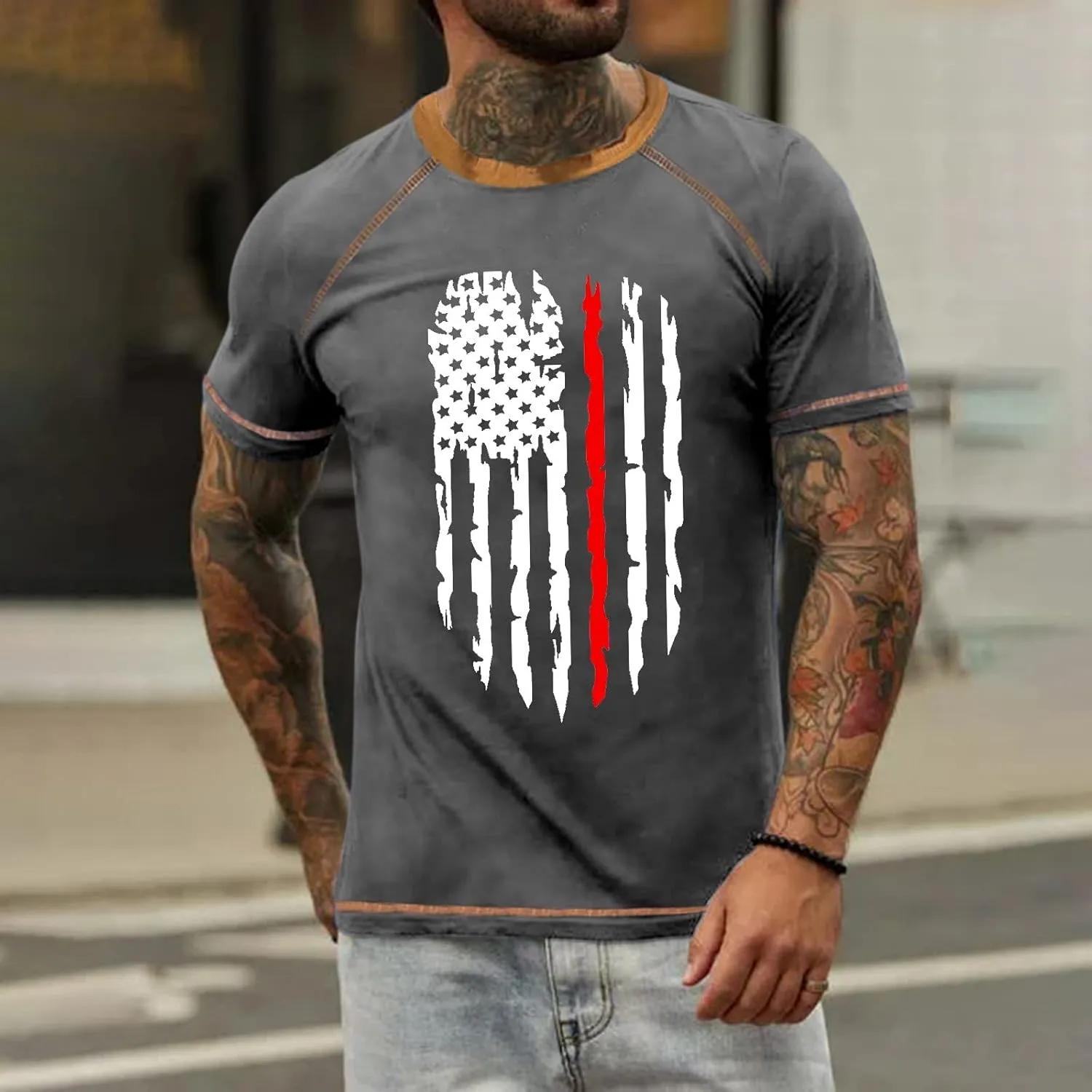4Th of July Shirts, Men's Raglan T-Shirt Vintage Short Sleeve Round Neck Independence Day Printed Top