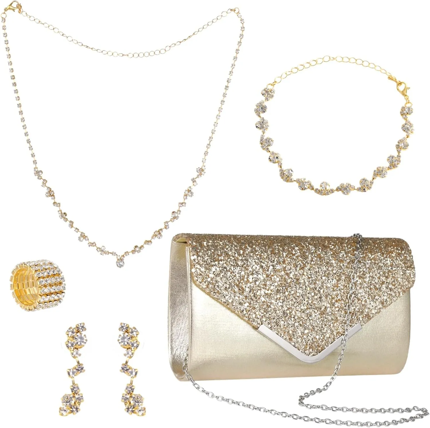 5 PCS Clutch Rhinestone Jewelry Set, Women Glitter Golden Purse Jewelry Set, Elegant Luxurious Rhinestone Jewelry Set with Necklace Earrings Bracelet Ring for Weddings Brides Prom Nights Parties