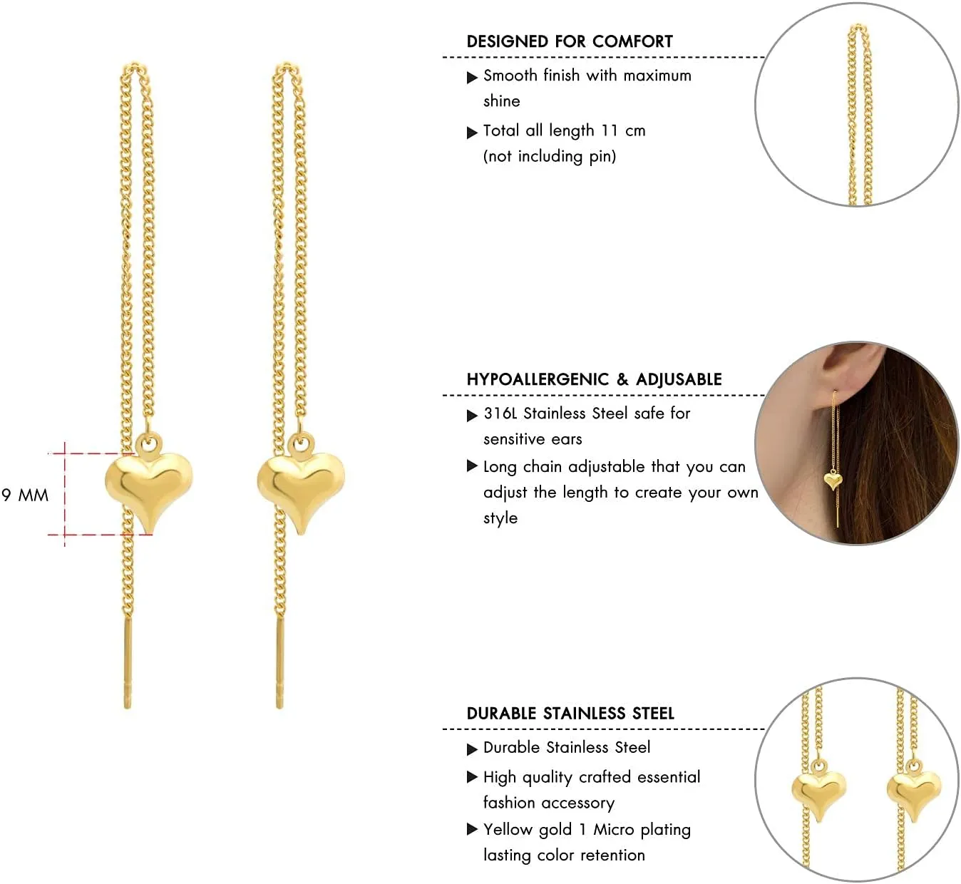 555Jewelry Womens Heart Love Cute Dainty Drop Threader Dangle String Earrings