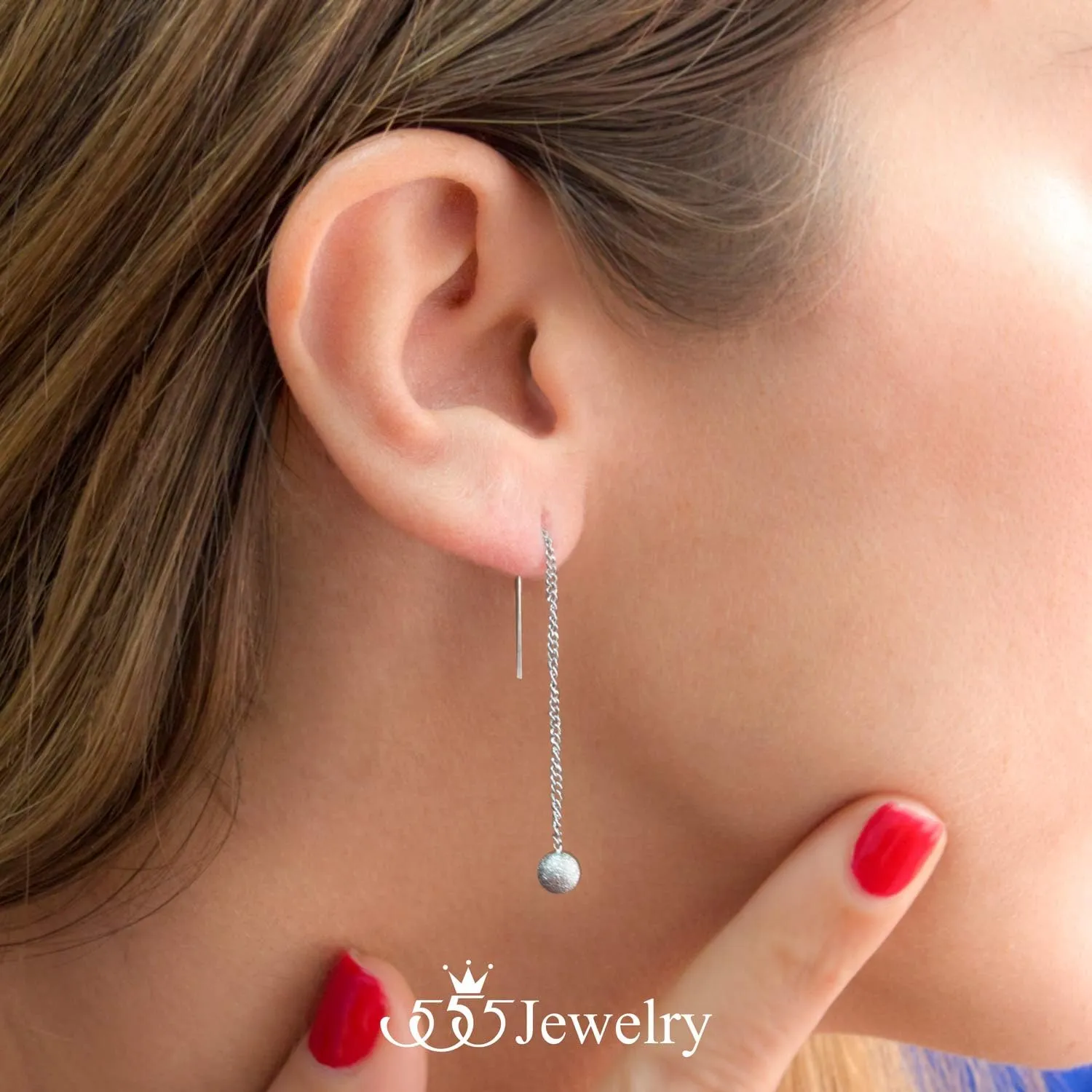 555Jewelry Womens Stainless Steel Ball Drop Threader Dangle String Earring