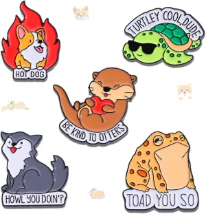 5Pcs Cute Animal Enamel Pins, Cartoon Turtle Toad Wolf Dog Otters Brooches, Funny Alloy Backpack Pins Suitable for Bags, Clothes, Hats, Decorations, Parties, Ladies Gifts