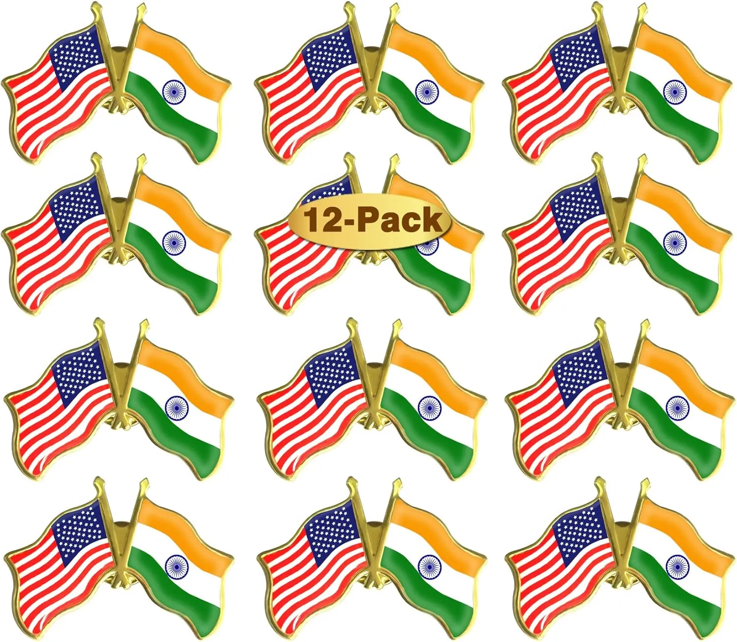 6/12/50/100 Pack-American India Friendship Flag Pins Bulk -1.5 Metal Patriotic US USA Indian Lapel Pins Badge Souvenir