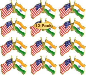 6/12/50/100 Pack-American India Friendship Flag Pins Bulk -1.5 Metal Patriotic US USA Indian Lapel Pins Badge Souvenir