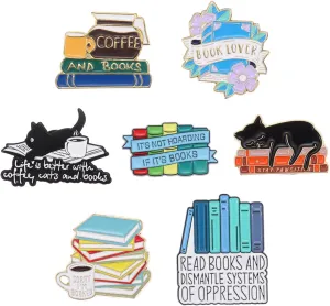 7pcs Cartoon Books Enamel Pins with Beige Velvet Bag, Magic Book Badges Cute Collar Brooch Decorative Lapel Pins for Backpack Clothing Learning Graduation Gifts for Teacher Student Readers Book Lovers