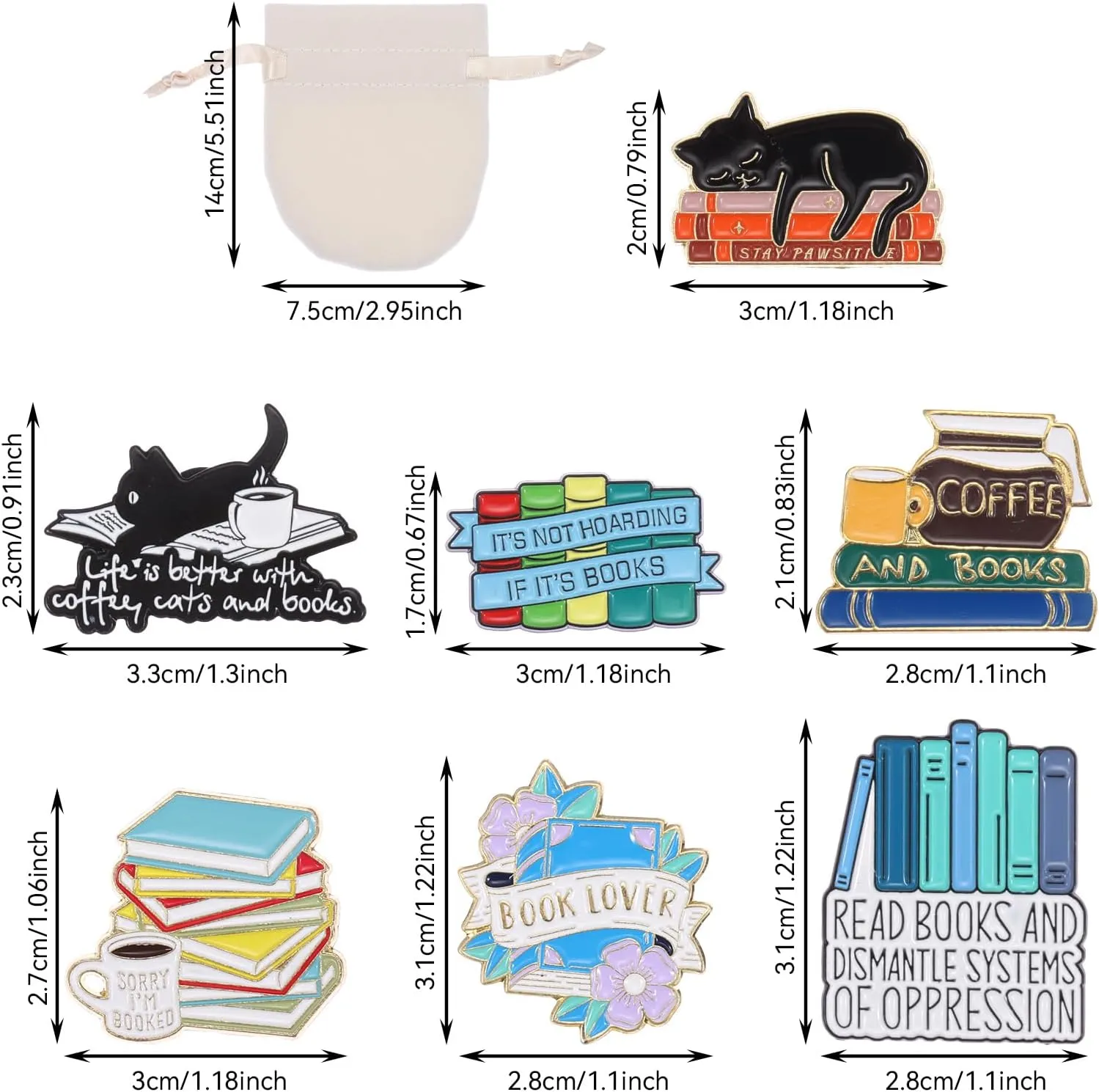 7pcs Cartoon Books Enamel Pins with Beige Velvet Bag, Magic Book Badges Cute Collar Brooch Decorative Lapel Pins for Backpack Clothing Learning Graduation Gifts for Teacher Student Readers Book Lovers