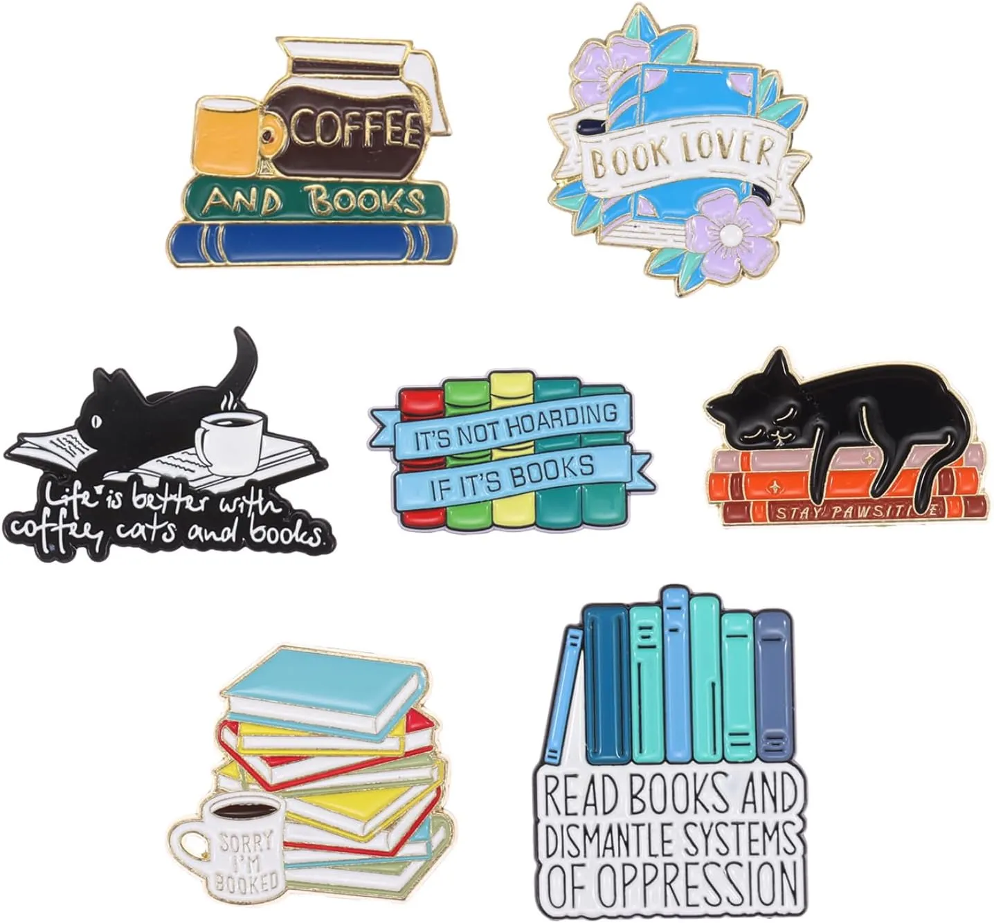 7pcs Cartoon Books Enamel Pins with Beige Velvet Bag, Magic Book Badges Cute Collar Brooch Decorative Lapel Pins for Backpack Clothing Learning Graduation Gifts for Teacher Student Readers Book Lovers