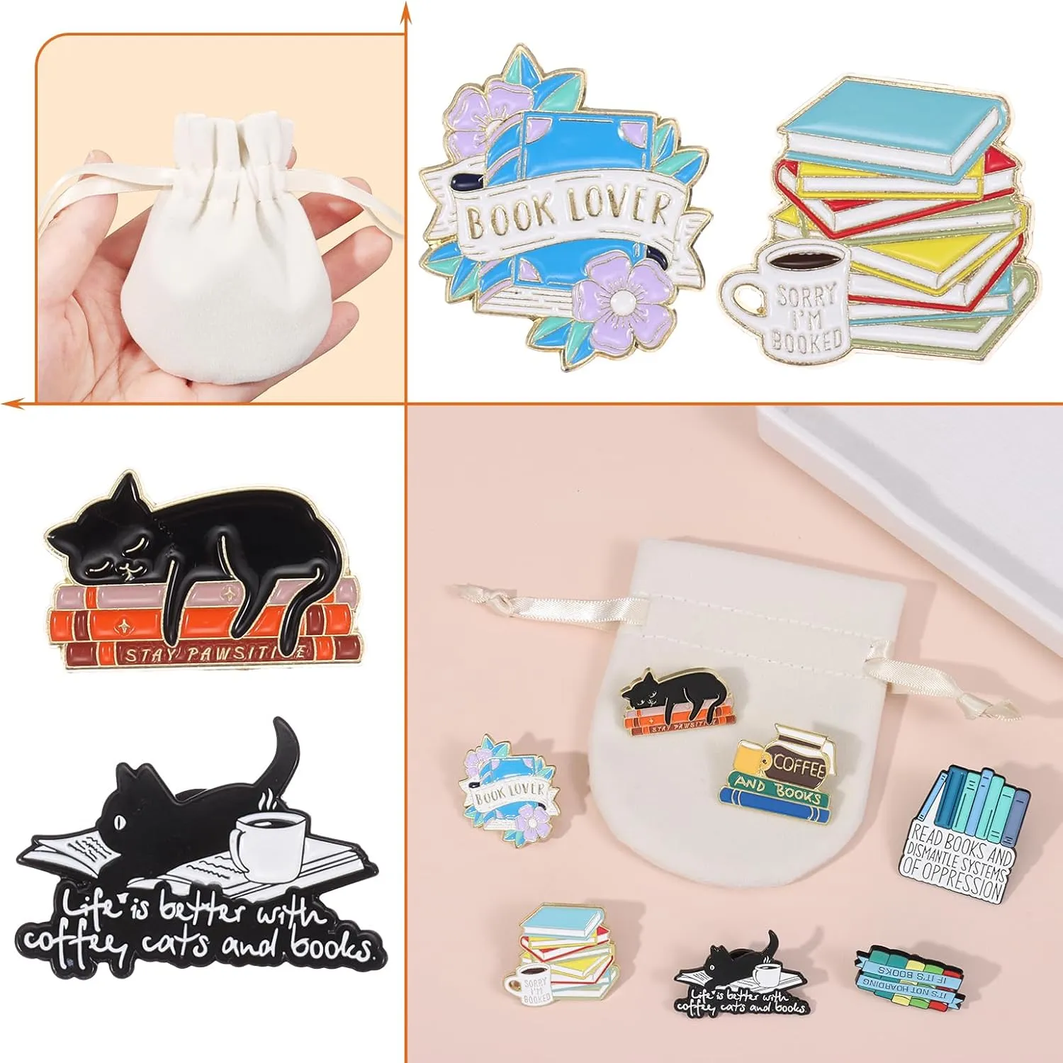 7pcs Cartoon Books Enamel Pins with Beige Velvet Bag, Magic Book Badges Cute Collar Brooch Decorative Lapel Pins for Backpack Clothing Learning Graduation Gifts for Teacher Student Readers Book Lovers