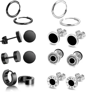 8 Pairs Black Mens Earrings Stud,Stainless Steel Aretes de Hombre Earrings for Men Set Cool Aretes Para Hombre Male Earrings Surgical Steel Ear Rings for Men Earrings Hypoallergenic
