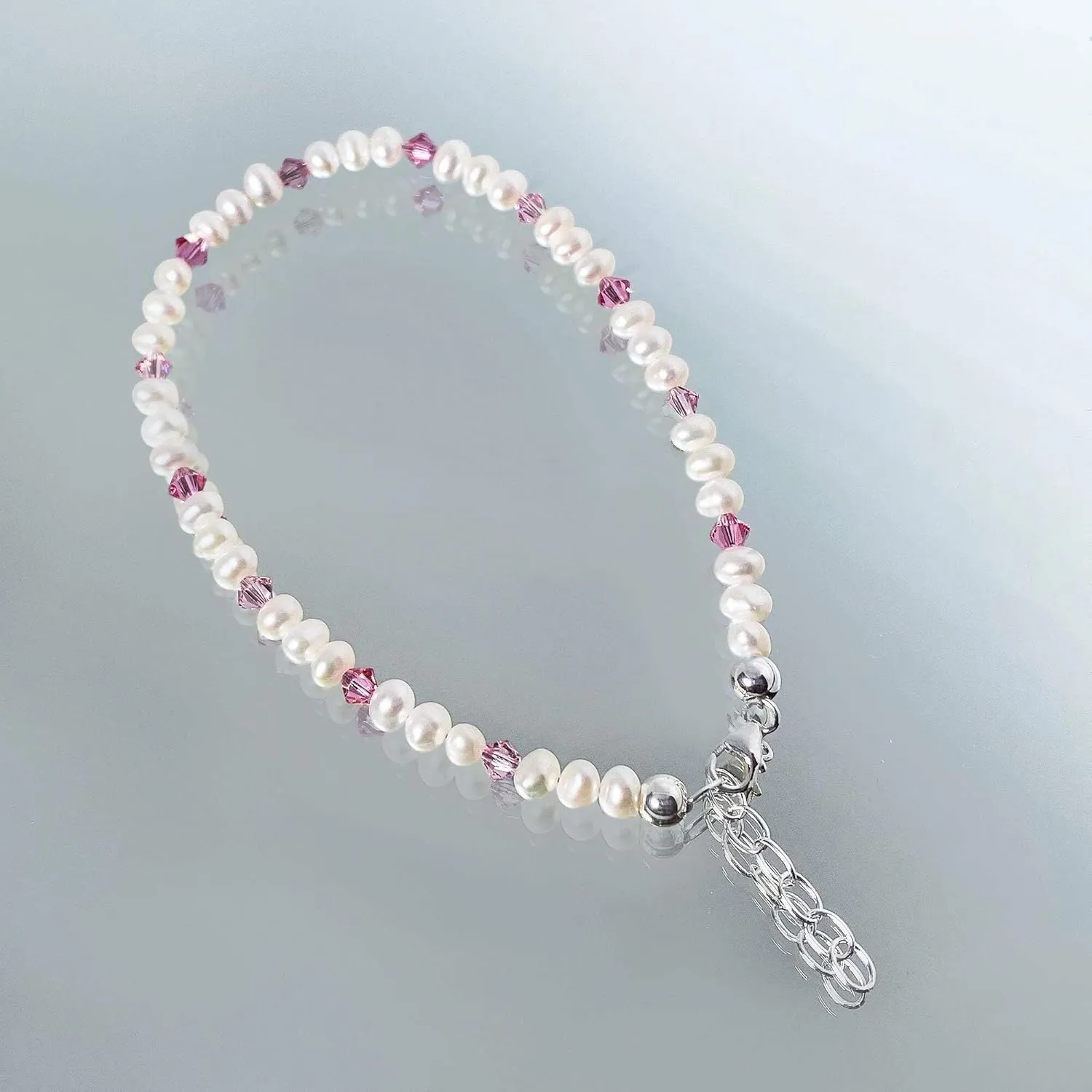 .925 Silver Anklet with Pearl and Austrian Crystals 9 to 10 Inch Long