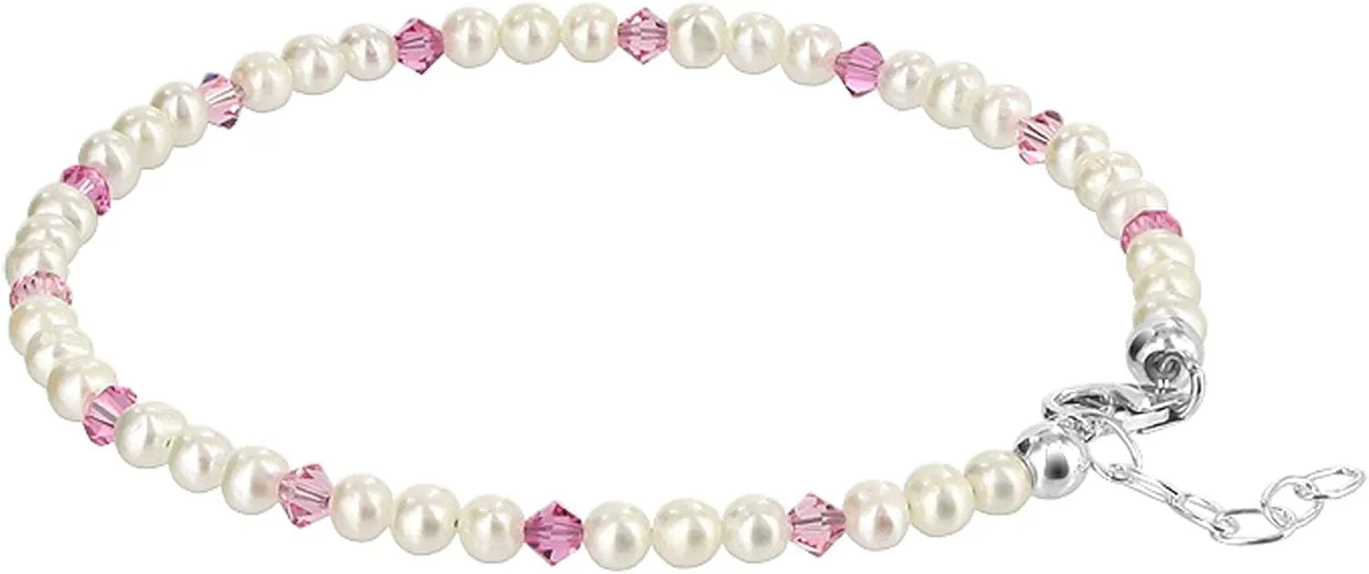.925 Silver Anklet with Pearl and Austrian Crystals 9 to 10 Inch Long