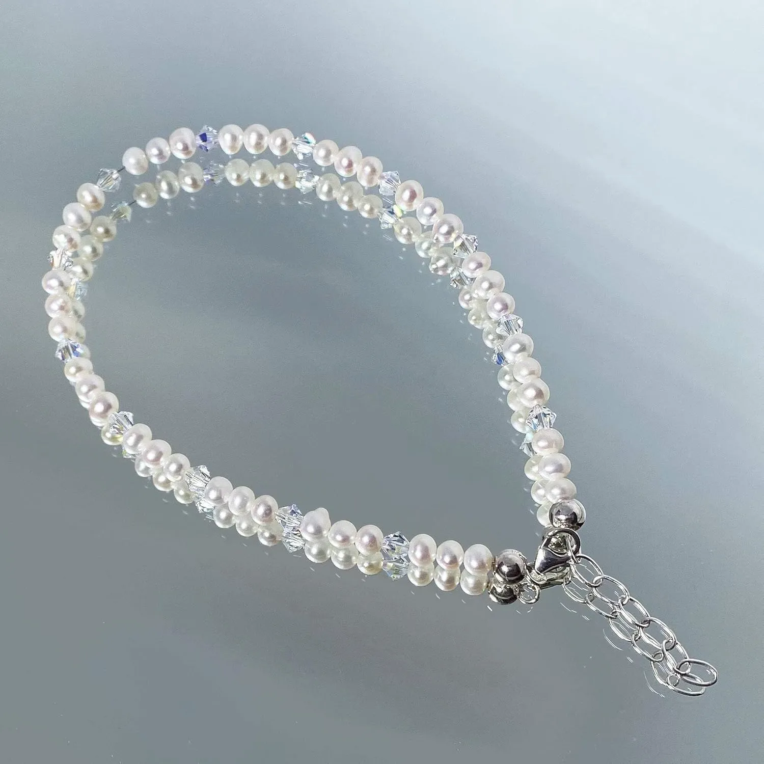 .925 Silver Anklet with Pearl and Austrian Crystals 9 to 10 Inch Long