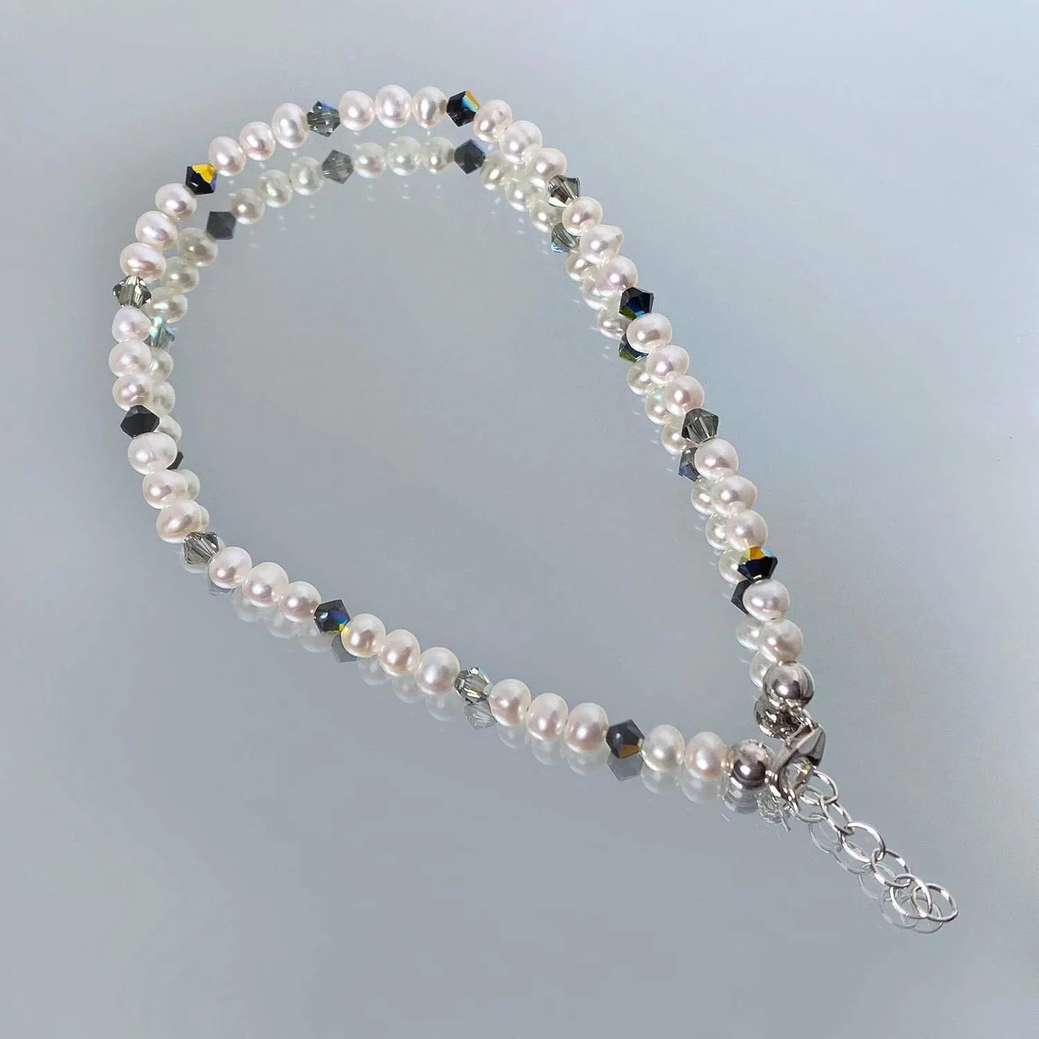 .925 Silver Anklet with Pearl and Austrian Crystals 9 to 10 Inch Long
