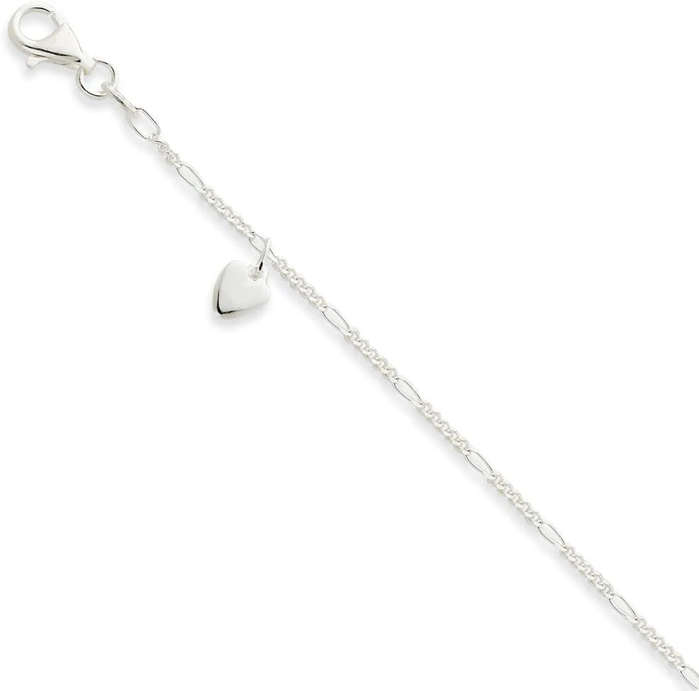 925 Sterling Silver 10inch Polished Dangling Hearts on Figaro Anklet