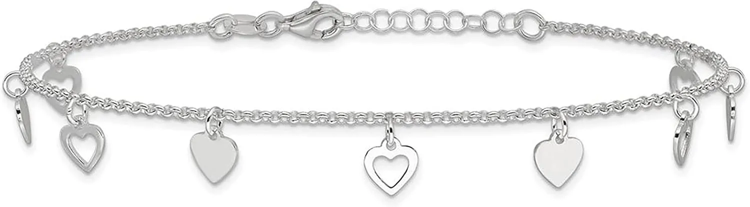 925 Sterling Silver 9 Polished Heart with 9" Length with 1" Extender Anklet