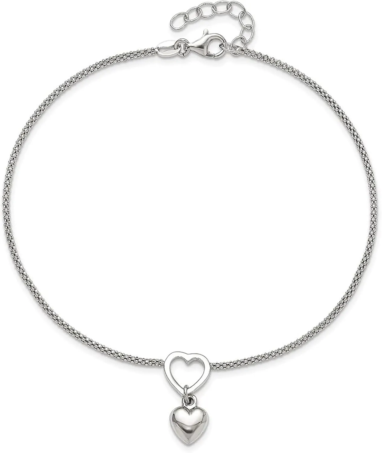 925 Sterling Silver Cabled Heart Dangle Charm Anklet, 9" Length with 1" Extender