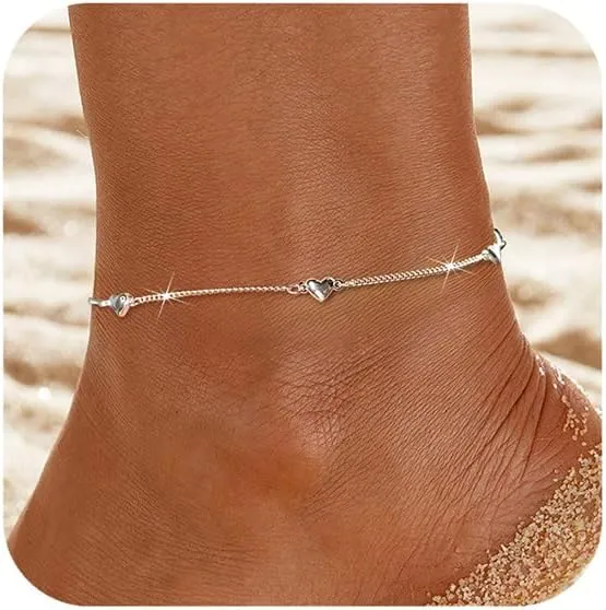 925 Sterling Silver Heart Anklets Bracelets for Women Cute Love Adjustable Simple Chain Ankle Charm Waterproof Summer Foot Beach Anklet Jewelry Gifts for Mom Daughter Friends