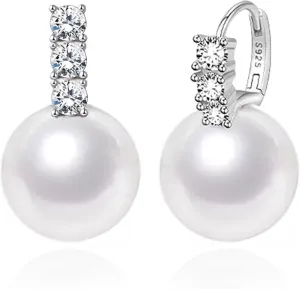 925 Sterling Silver Pearl Drop Earrings for Women Lightweight Cubic Zirconia Dangle Hoop Earrings Trendy Elegant Jewelry for Gifts