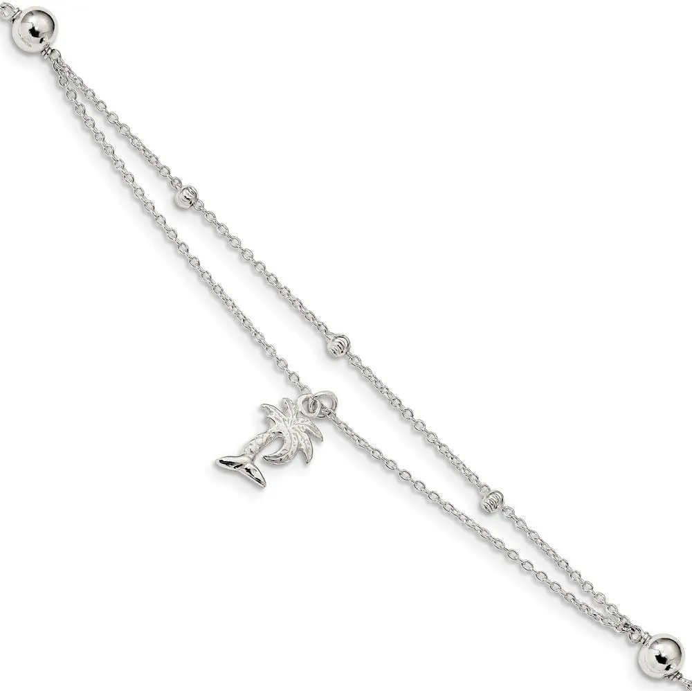 925 Sterling Silver Polished 2-Strand Palm Tree with 1in Ext Anklet, 9" Length