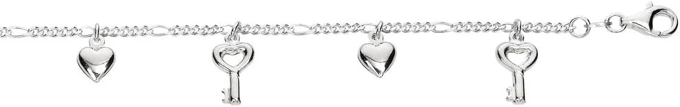925 Sterling Silver Rhodium Finish Shiny Figaro Type Anklet Pear Shape Clasp Love Heart Key Charm 10 Inch-Anklet for Women