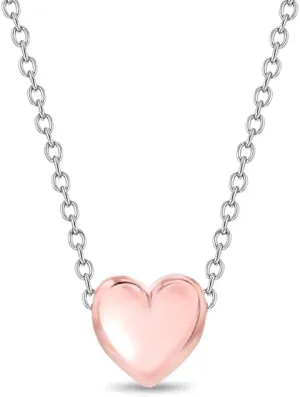 925 Sterling Silver Rose Gold Flashed Dainty Puffed Heart Little Girls & Teen Necklace 16" - Sweet and Delicate Heart Necklaces for Children - Elegant and Timeless Heart Accessory For Teen Girls