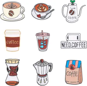 9Pcs Coffee Pot Drink Cup Enamel Pins Cute Alloy Brooch Funny Cartoon Badge Aesthetic Coffee Maker Backpack Pins for Adults Women Bags Barista Apron