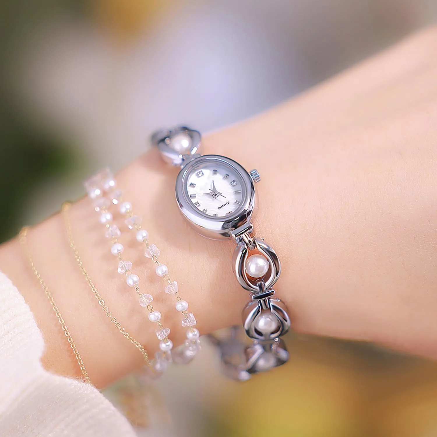 ADSBIAOYE Elegant Pearl Women's Dress Watch Fashion Oval dial Gift Women's Waterproof Watch