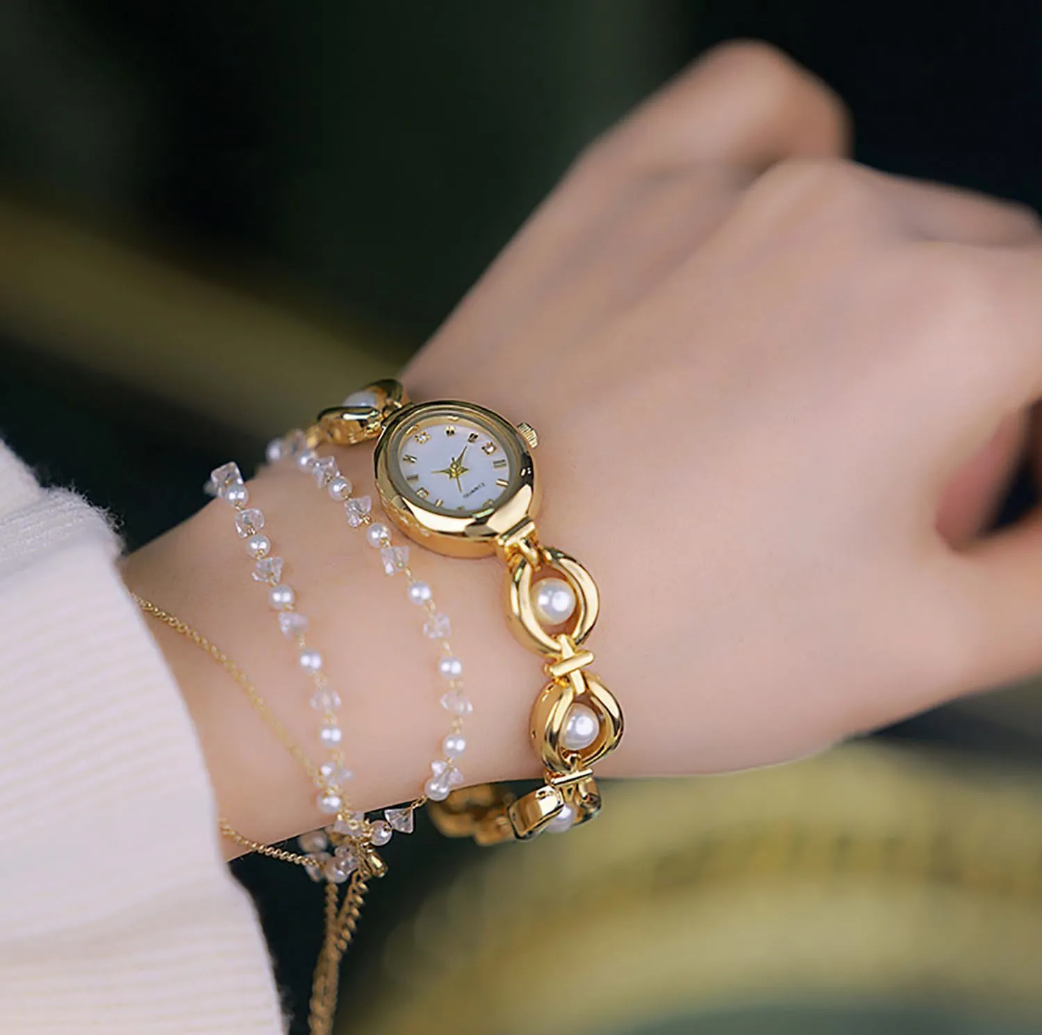 ADSBIAOYE Elegant Pearl Women's Dress Watch Fashion Oval dial Gift Women's Waterproof Watch