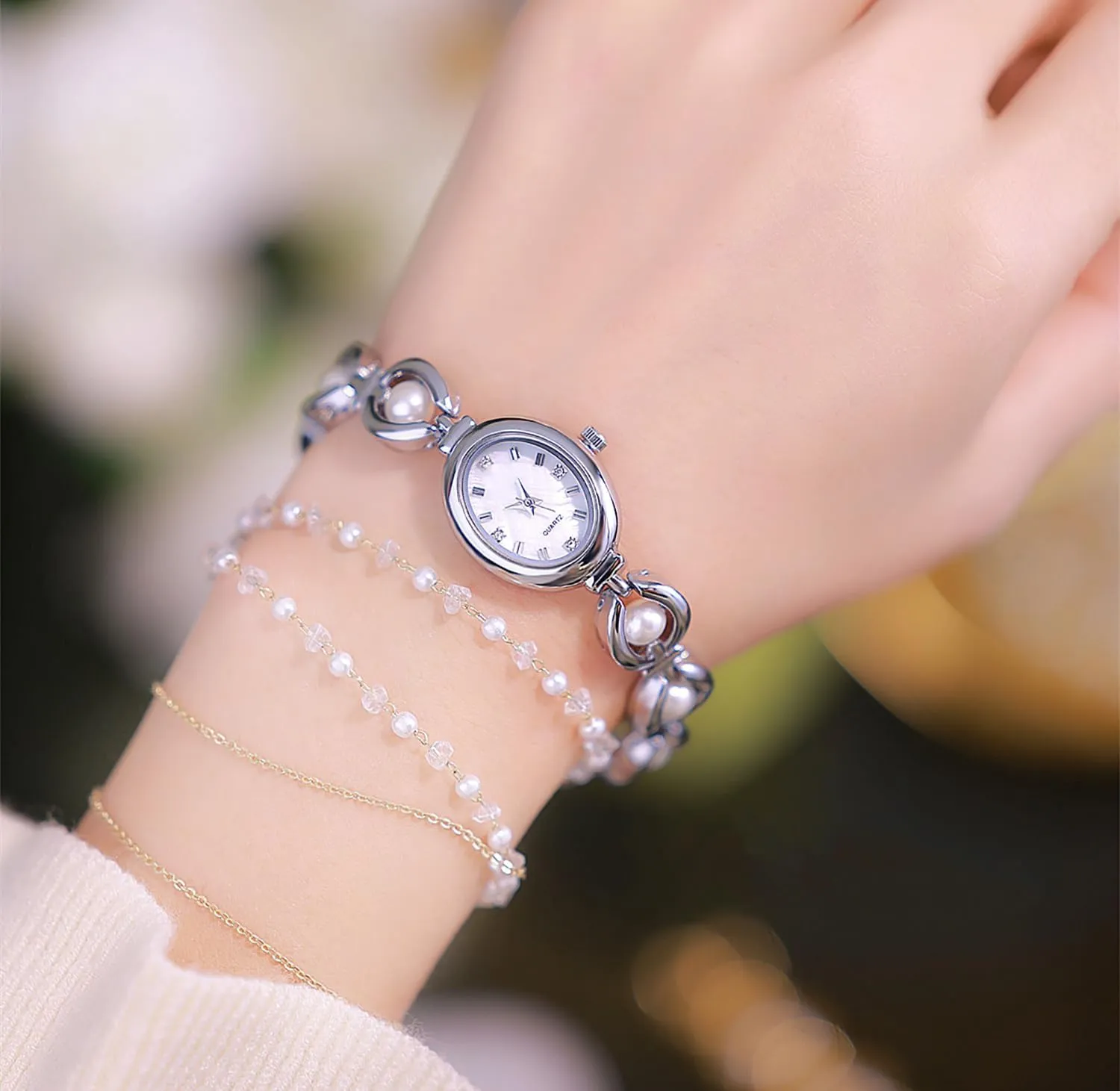 ADSBIAOYE Elegant Pearl Women's Dress Watch Fashion Oval dial Gift Women's Waterproof Watch