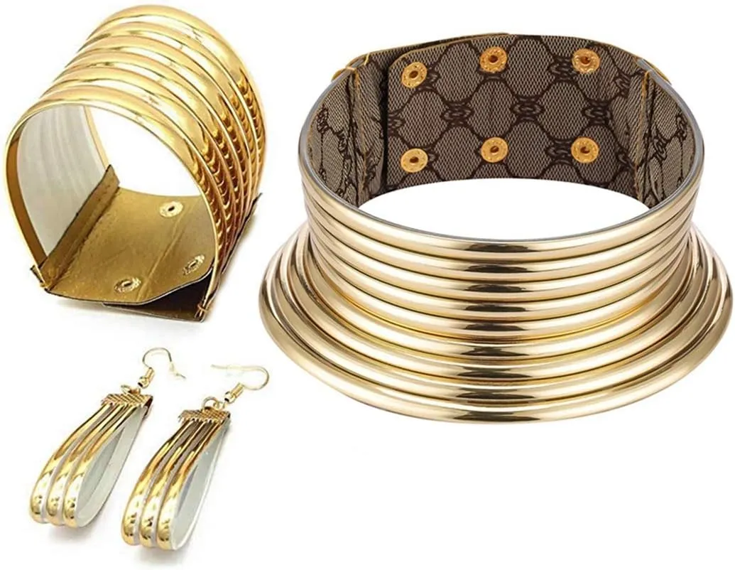 African Jewelry Statement Chokers Egypt Gold Tone Choker Chunky Leather Collar Necklace/African Choker Punk Necklace Gothic (c-1 set (gold))