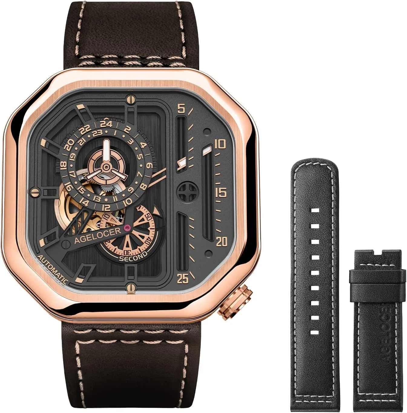 AGELOCER Automatic Watches Mechanical Watch Square Skeleton Mechanical Movement Luminous Original Design Luxury Watch for Men