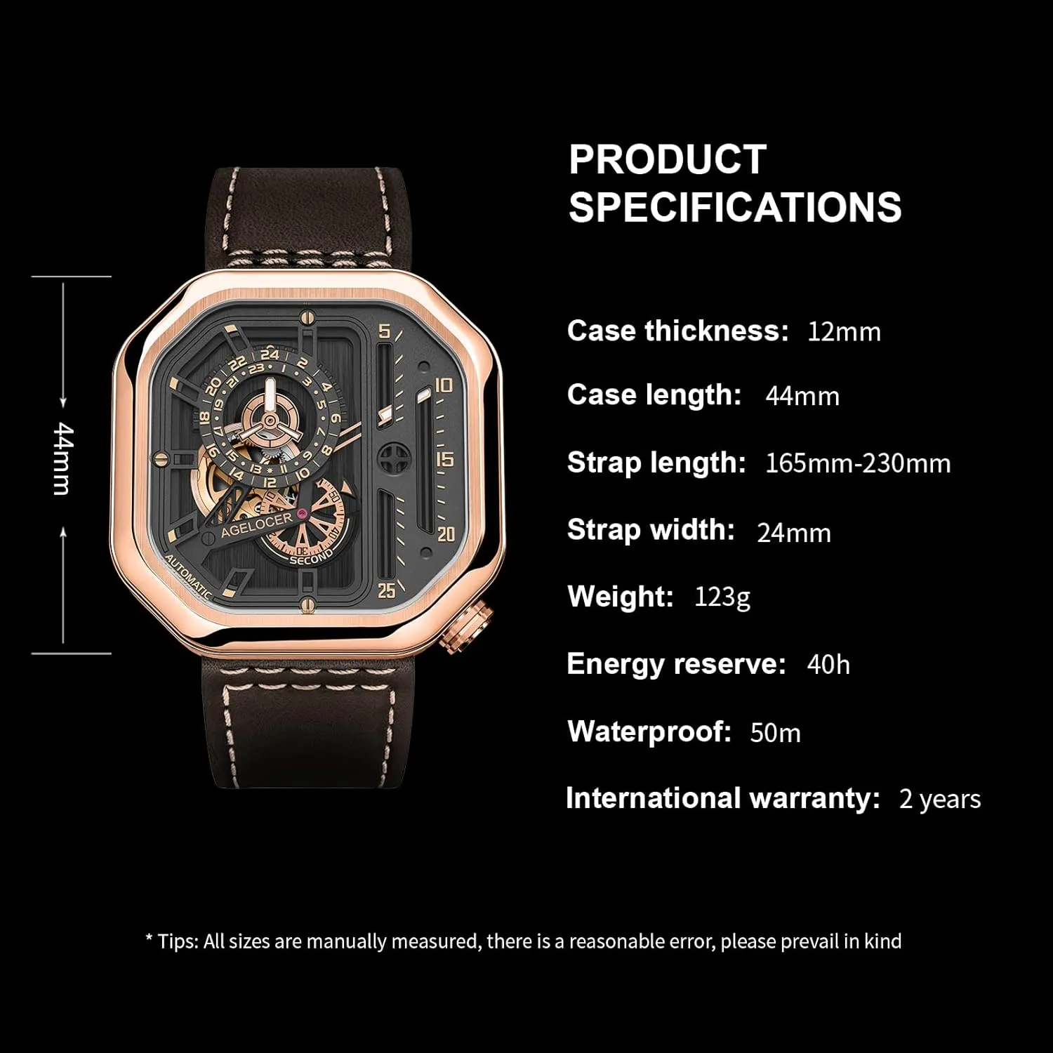 AGELOCER Automatic Watches Mechanical Watch Square Skeleton Mechanical Movement Luminous Original Design Luxury Watch for Men