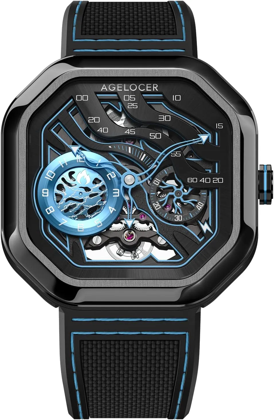 AGELOCER Men's Watch Skeleton Mechanical Masculine Stainless Steel Square Luxury Wrist Fashion Watches for Men