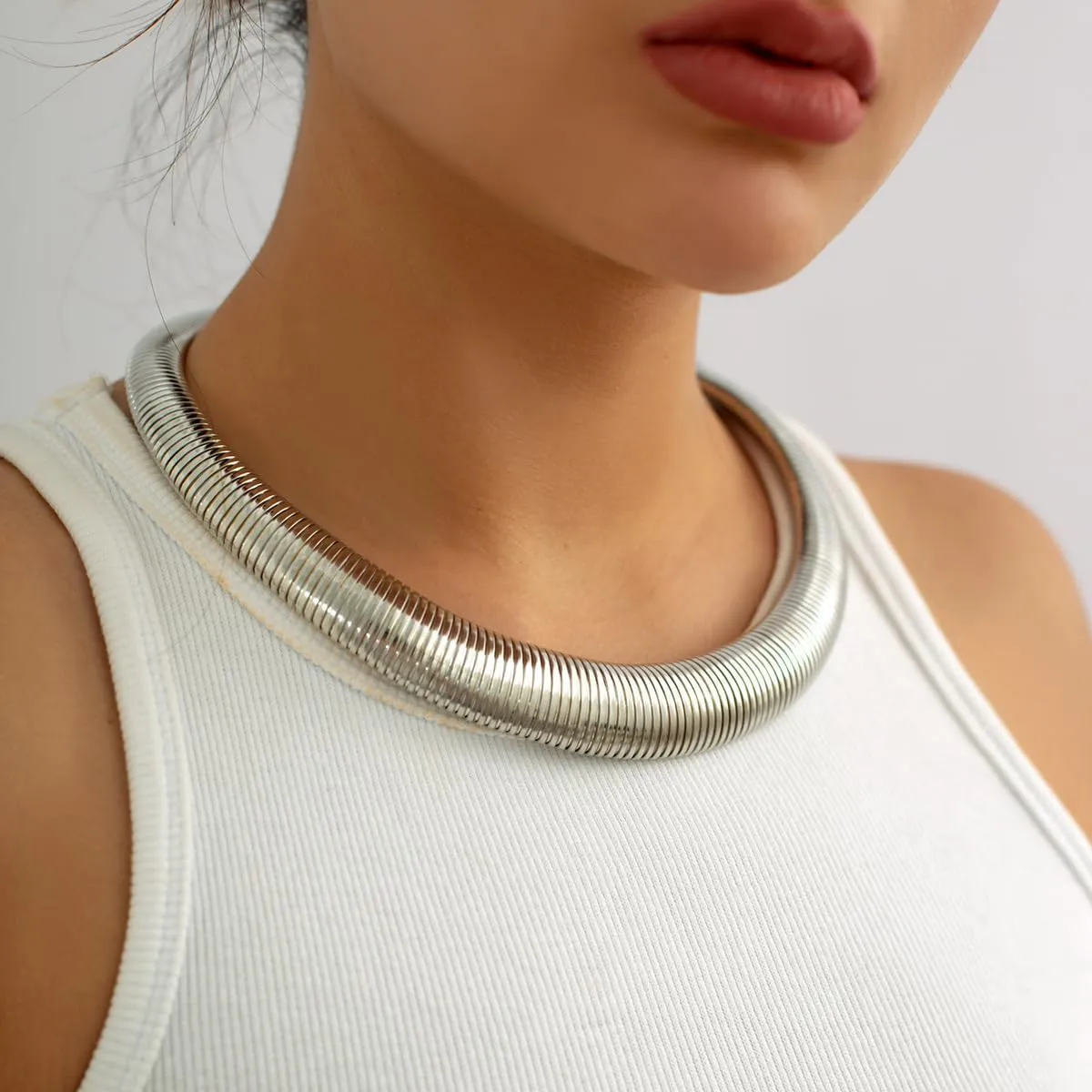 ALEXTINA Statement Chunky Choker for Women, Multiple Layer Thick Snake Chain Necklaces Herringbone Necklace, Gold Silver Plated Statement Necklaces