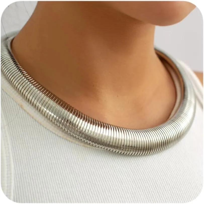 ALEXTINA Statement Chunky Choker for Women, Multiple Layer Thick Snake Chain Necklaces Herringbone Necklace, Gold Silver Plated Statement Necklaces