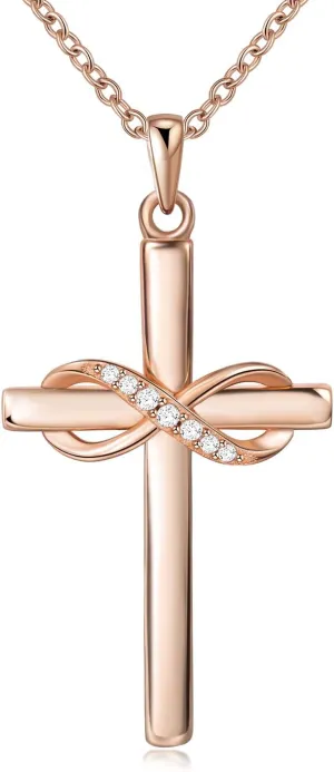 AmorAime 925 Sterling Silver Cross Necklace for Women Infinity Necklace 14K Rose Gold Plated Necklaces for Easter or Mother's Day
