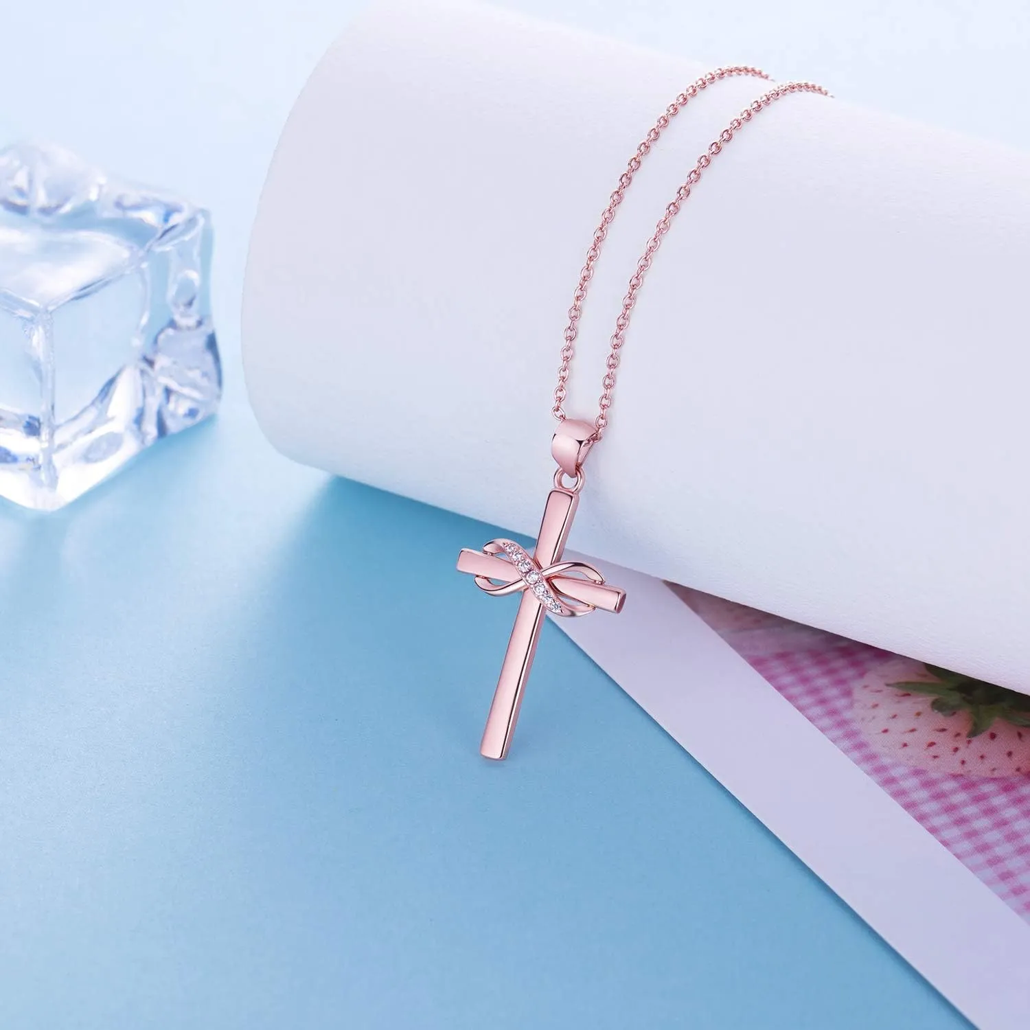AmorAime 925 Sterling Silver Cross Necklace for Women Infinity Necklace 14K Rose Gold Plated Necklaces for Easter or Mother's Day