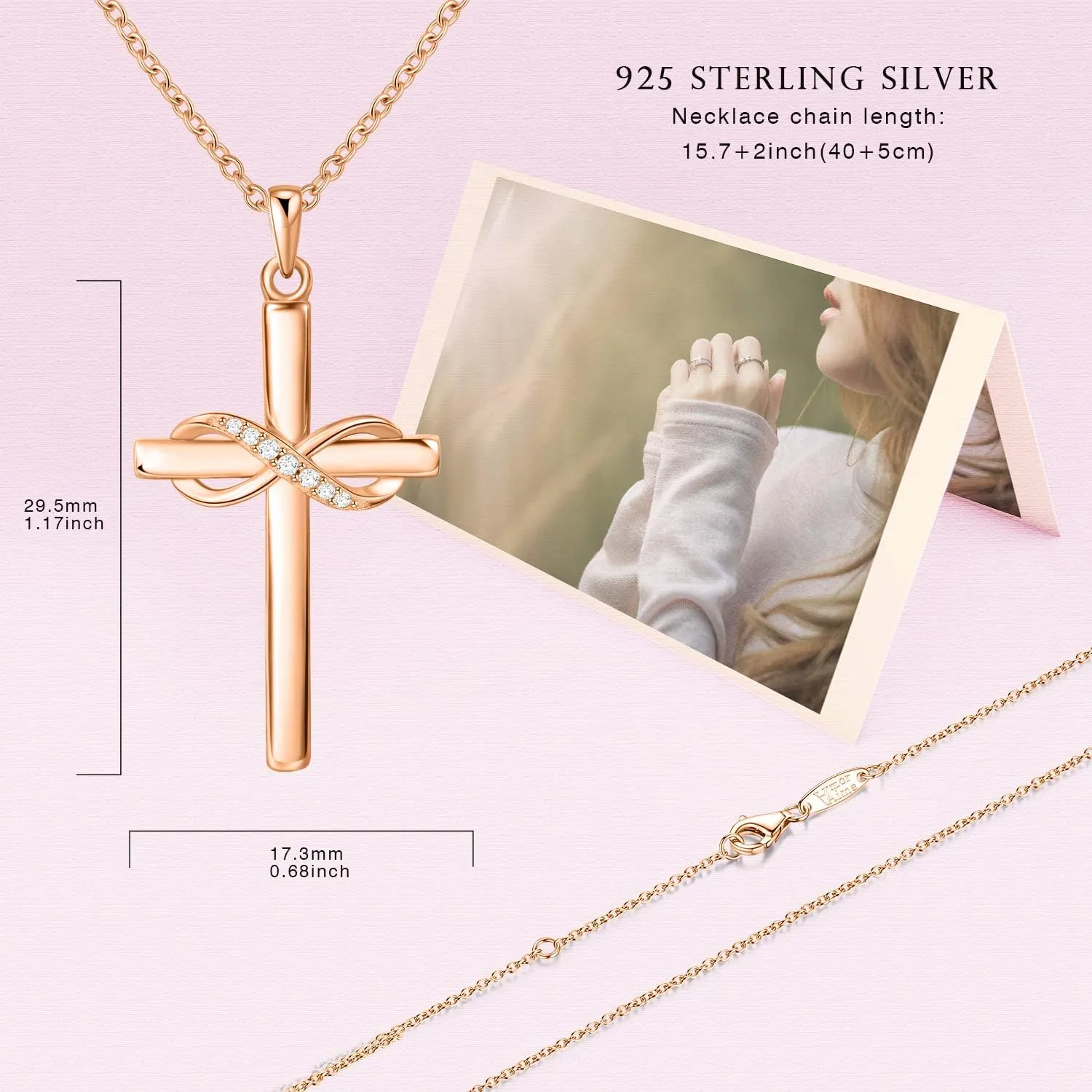 AmorAime 925 Sterling Silver Cross Necklace for Women Infinity Necklace 14K Rose Gold Plated Necklaces for Easter or Mother's Day