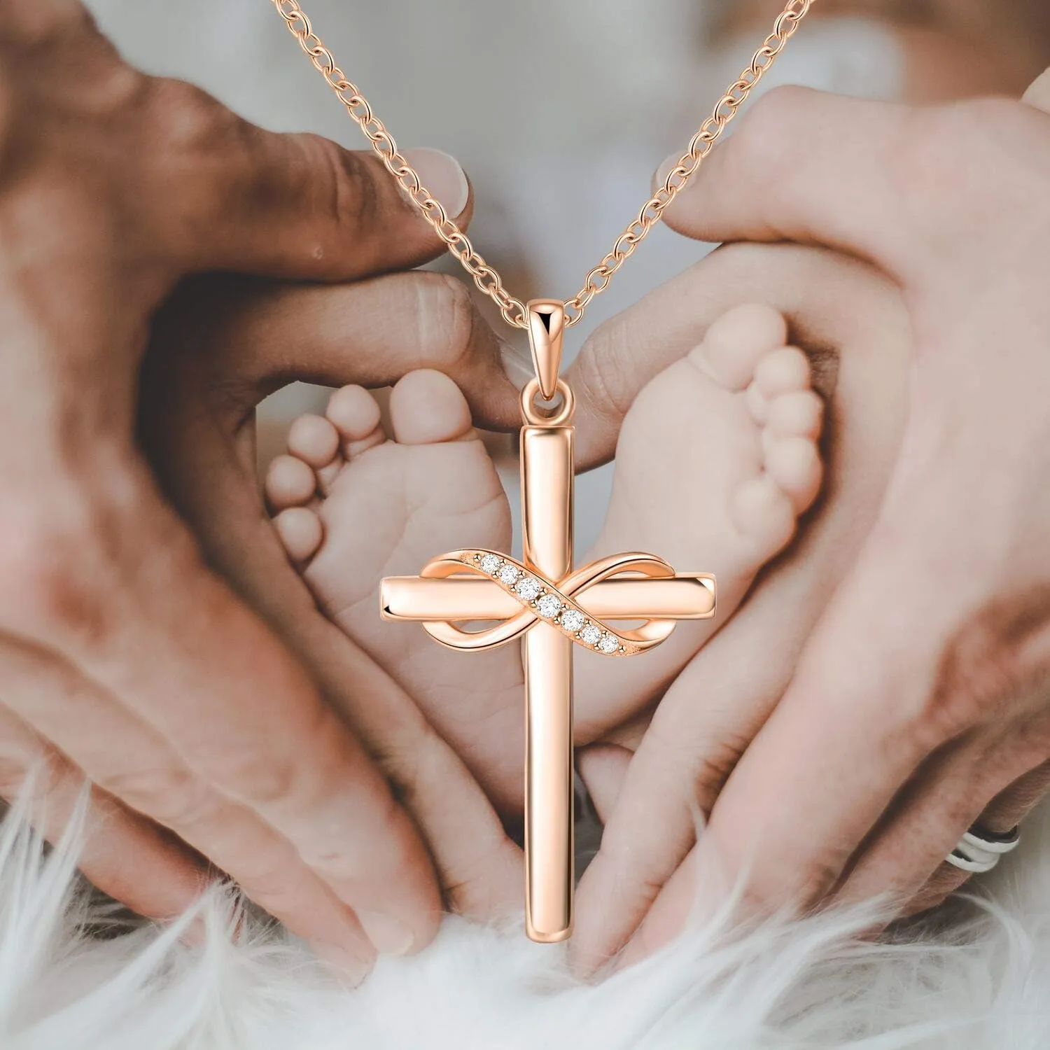 AmorAime 925 Sterling Silver Cross Necklace for Women Infinity Necklace 14K Rose Gold Plated Necklaces for Easter or Mother's Day