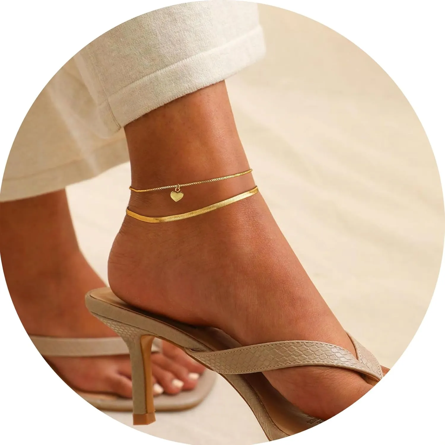 Ankle Bracelets for Women, Gold Anklets for Women Waterproof Gold Filled Dainty Ankle Chain Jewelry Cute Love Heart Coin Beads Layered Chain Anklets