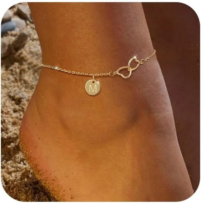 Ankle Bracelets for Women Waterproof,14K Real Gold Plated Initial Anklet Dainty Letter Heart Ankle Bracelets Handmade Adjustable Chain Anklet Summer Beach Jewelry