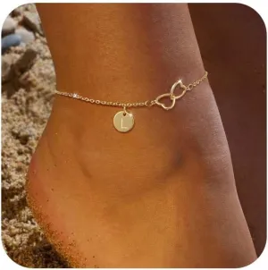 Ankle Bracelets for Women Waterproof,14K Real Gold Plated Initial Anklet Dainty Letter Heart Ankle Bracelets Handmade Adjustable Chain Anklet Summer Beach Jewelry