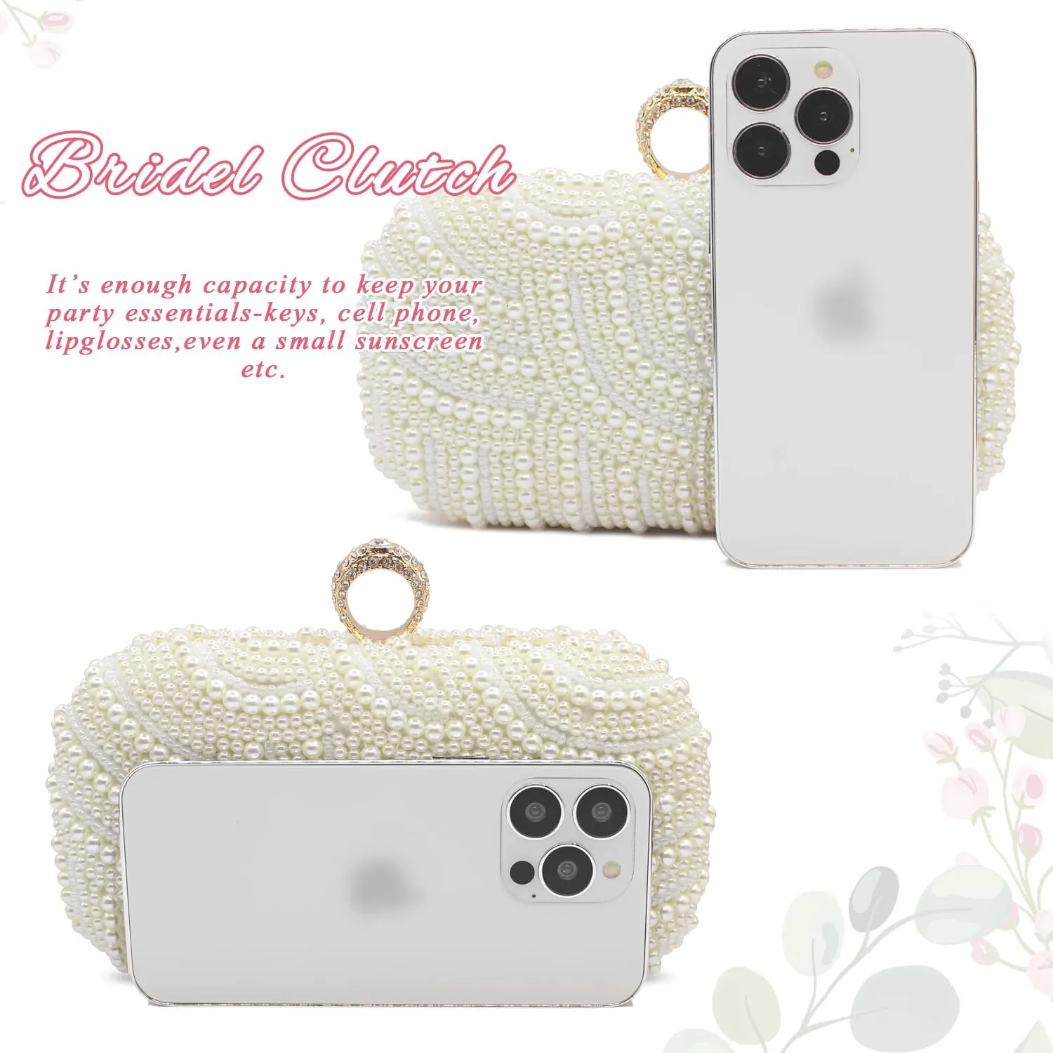 Aovtero Pearl Clutch Bag Bride Purse Women Wedding Prom Evening Bags Full Beaded Handbag with Chain